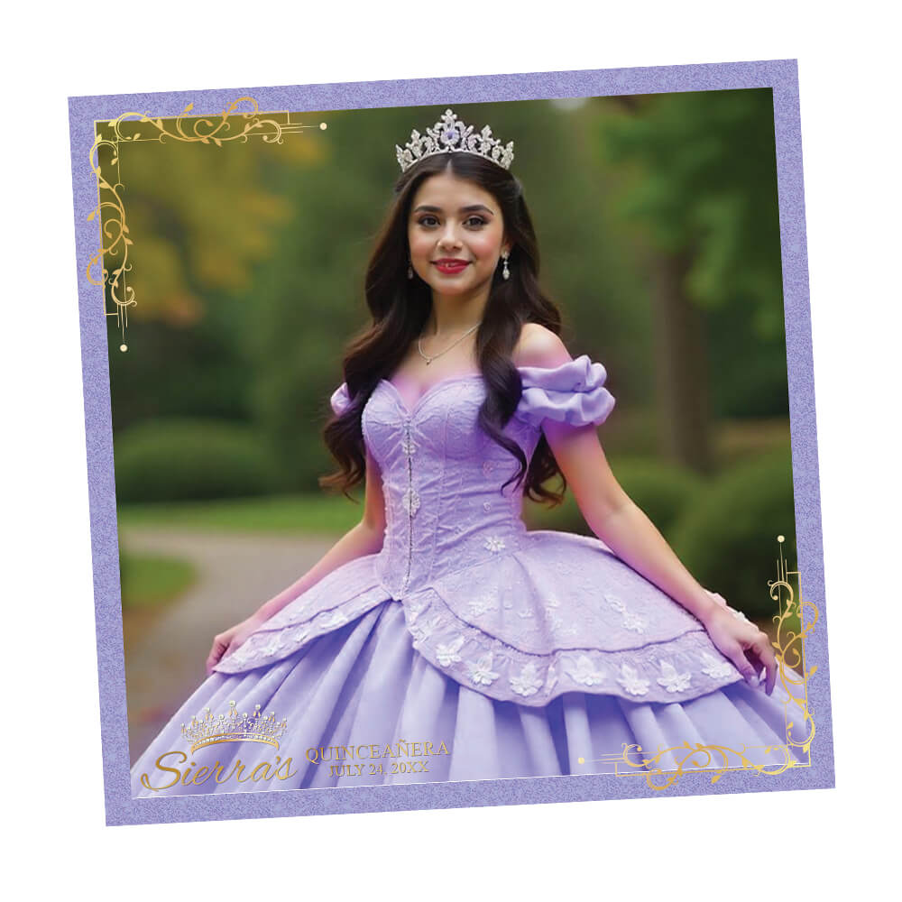 Quinceañera Gold Crown Photo Booth Frame, Violet Tulip Birthday 360 Overlay | LHC03K