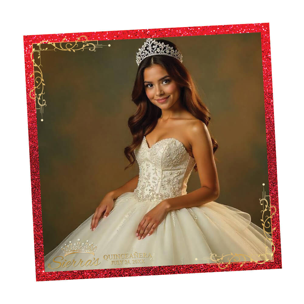 Quinceañera Gold Crown Photo Booth Frame, Red Birthday 360 Overlay | LHC03H