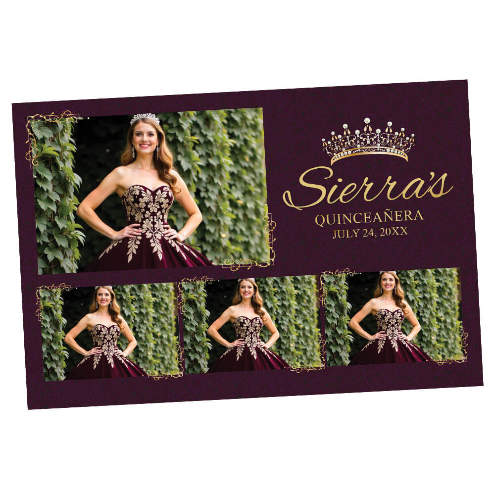 Marco para fotomatón con corona dorada de Quinceañera, color ciruela | LHC01F