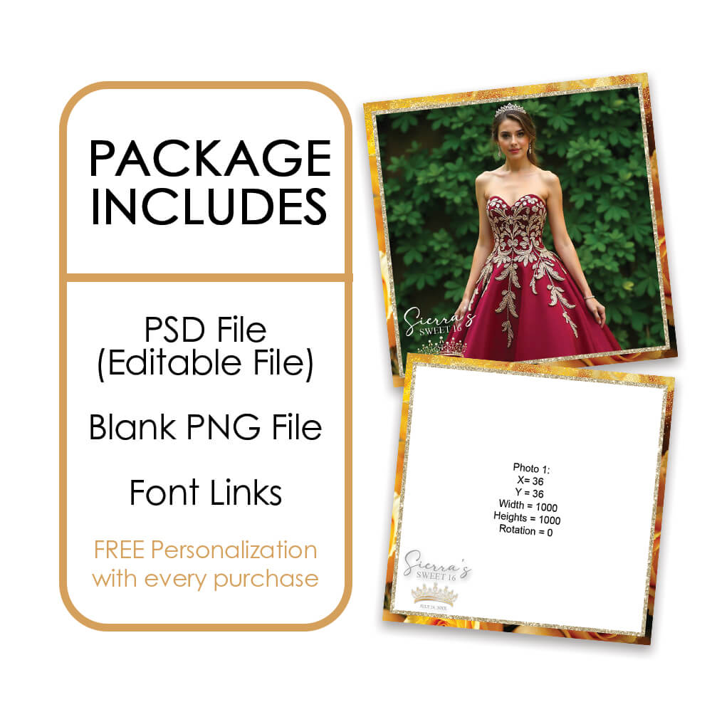 Charming Yellow Roses Sweet 16th Photo Booth Frame |  360 Overlay  |  LHC20C
