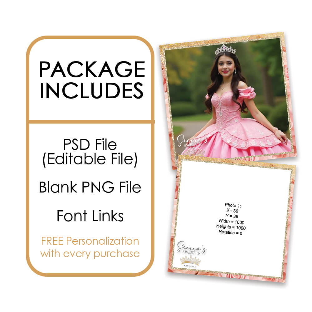 Charming Pink Roses Sweet 16th Photo Booth Frame |  360 Overlay  |  LHC17C