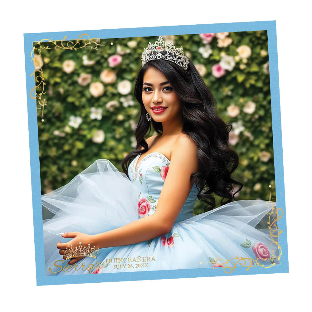 Marco para fotomatón de quinceañera con corona dorada, superposición azul claro de 360 ​​grados | LHC03D
