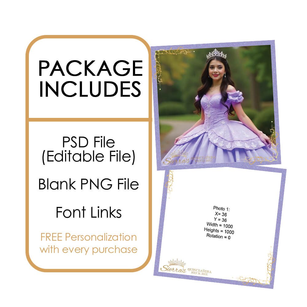 Quinceañera Gold Crown Photo Booth Frame, Violet Tulip Birthday 360 Overlay |  LHC03K