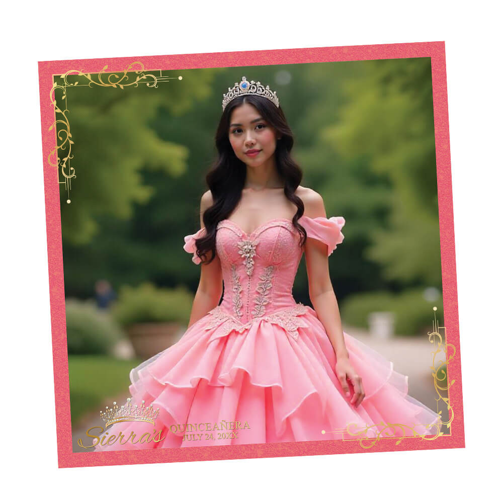 Marco para fotomatón con corona dorada de quinceañera, superposición de 360 ​​grados en rosa ruborizado | LHC03B