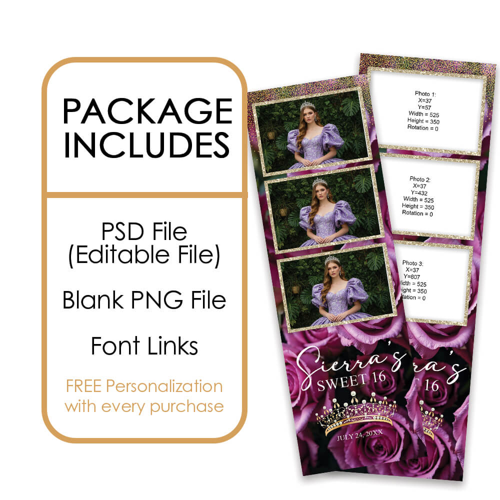 Charming Violet Roses Sweet 16th Photo Booth Frame |  2x6 Strip  |  LHC19B