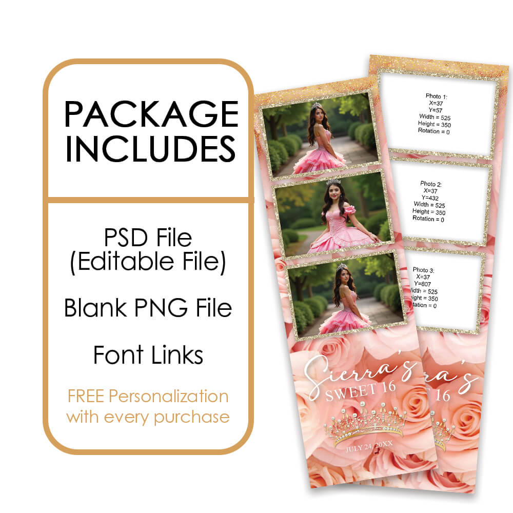 Charming Pink Roses Sweet 16th Photo Booth Frame |  2x6 Photo Strip  |  LHC17B