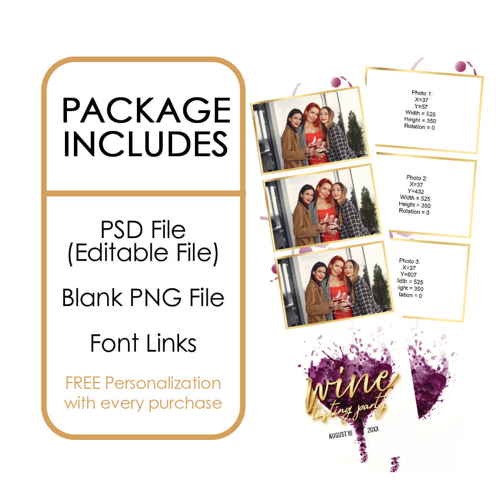 Wine Tasting Party with Gold Lettering Photo Booth Frame  |  2x6 Photo Strip  |  LHC13B