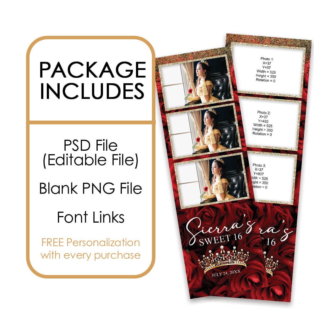 Charming Red Roses Sweet 16th Photo Booth Frame |  2x6 Strip  |  LHC18B